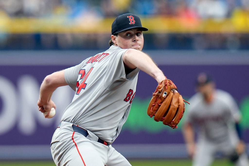 Boston Red Sox pitcher Jake Bennett goes into his delivery against the Tampa Bay Rays during the first inning of a baseball game Wednesday, June 10, 2026, in St. Petersburg, Fla. (AP Photo/Chris O'Meara)