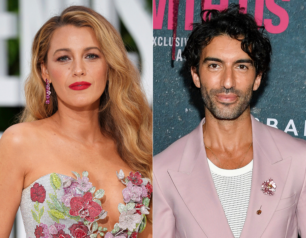 This combination of images shows Blake Lively at the London screening of the film "It 'Ends With Us" on Aug. 8, 2024, left, and Justin Baldoni at the world premiere of the film in New York on Aug. 6, 2024. (AP Photo)