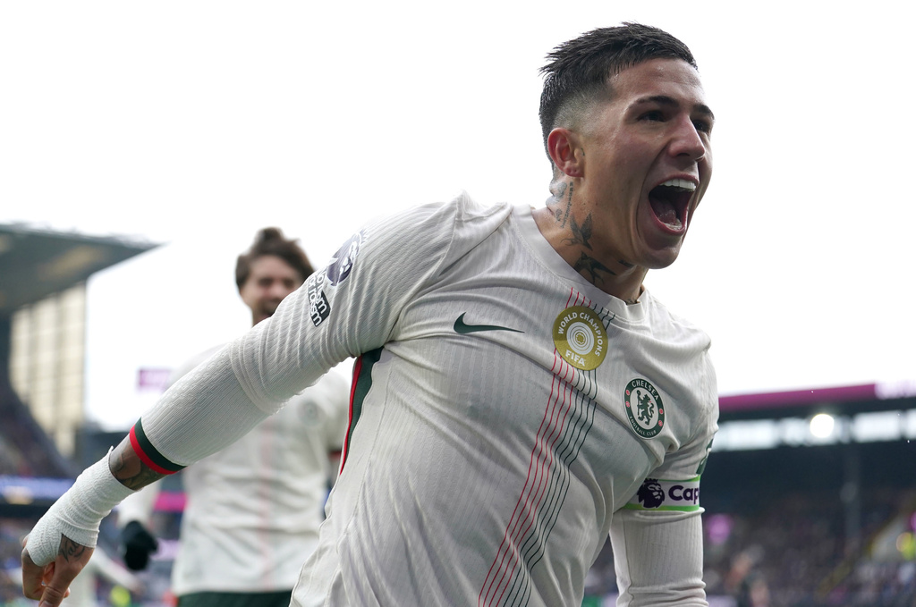 Chelsea's Enzo Fernandez celebrates scoring their side's second goal during the English Premier League soccer match between Burnley v Chelsea, in Burnley, England, Saturday, Nov. 22, 2025. (Martin Rickett/PA via AP)