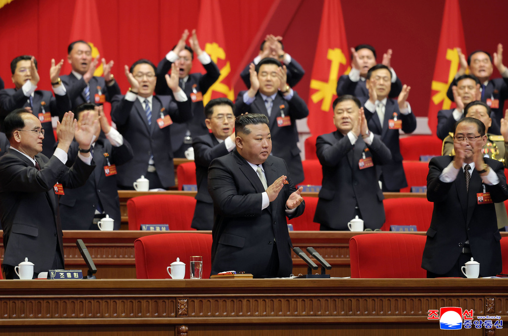 This photo provided Monday, Feb. 23, 2026, by the North Korean government, its leader Kim Jong Un, center, claps hands as he was re-elected to the top post of the ruling Workers’ Party, during the party's Congress in Pyongyang, Sunday, Feb. 22, 2026. Independent journalists were not given access to cover the event depicted in this image distributed by the North Korean government. The content of this image is as provided and cannot be independently verified. Korean language watermark on image as provided by source reads: "KCNA" which is the abbreviation for Korean Central News Agency. (Korean Central News Agency/Korea News Service via AP)
