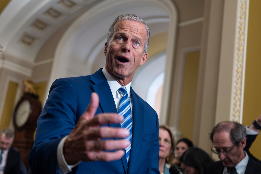 Senate Majority Leader John Thune, R-S.D., speaks with reporters about the struggle to end the government shutdown, at the Capitol in Washington, Wednesday, Oct. 15, 2025. (AP Photo/J. Scott Applewhite)