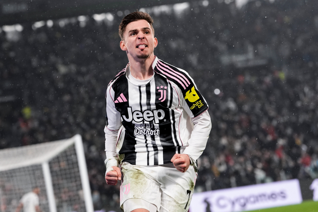 Juventus' Francisco Conceicao celebrates after scoring a goal during the Serie A soccer match between Juventus Fc and Roma at the Juventus Stadium in Turin, Italy, Saturday, Dec. 20, 2025. (Fabio Ferrari/LaPresse via AP)