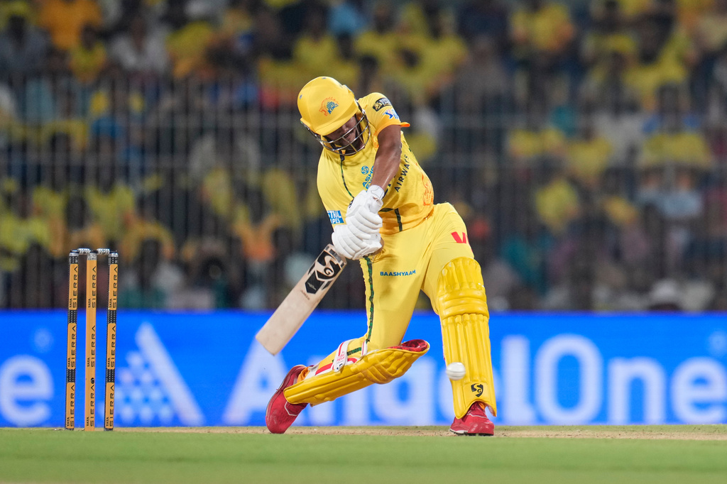 Chennai Super Kings' Ayush Mhatre plays a shot during the Indian Premier League cricket match between Chennai Super Kings and Punjab Kings in Chennai, India, Friday, April 3, 2026. (AP Photo/Aijaz Rahi)