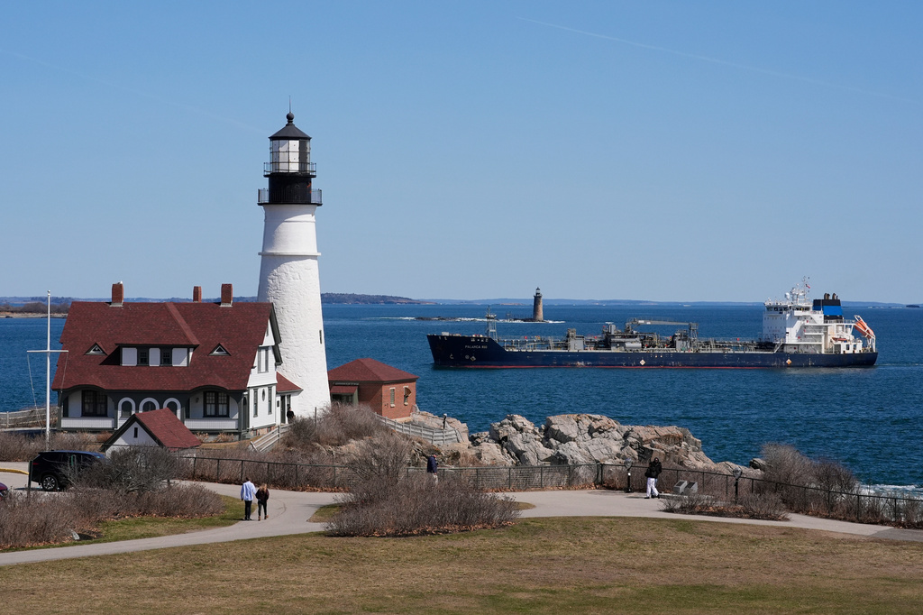 FILE - The oil tanker Palanca Rio passes by Cape Elizabeth, Maine, on April 2, 2025, after a two-day voyage from St. John, New Brunswick, Canada. (AP Photo/Robert F. Bukaty, File)