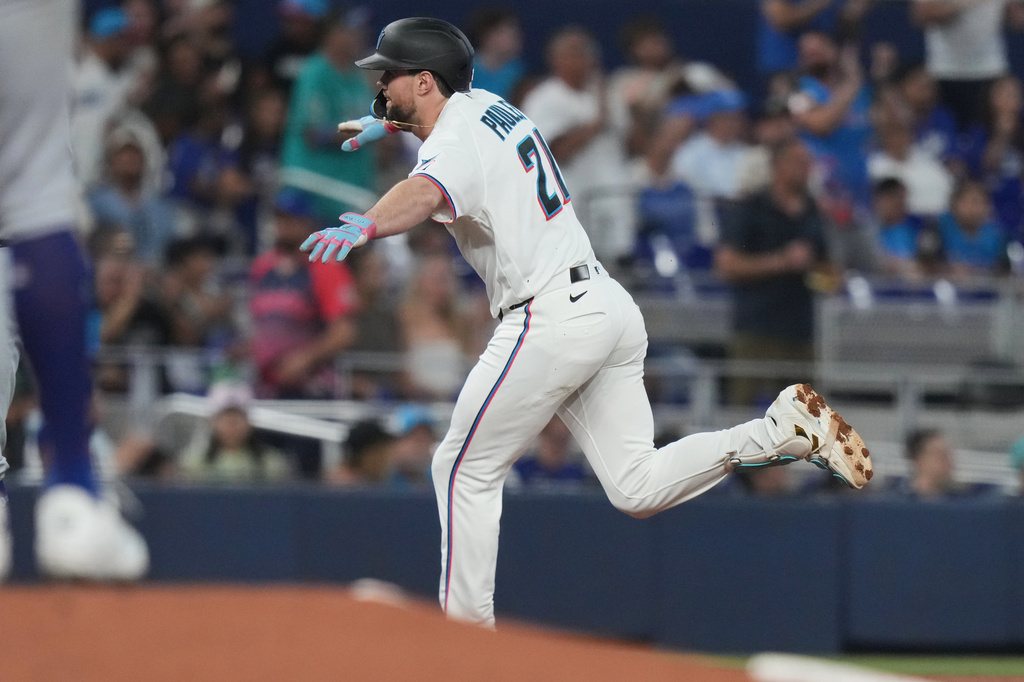 Miami Marlins' Graham Pauley runs the bases after hitting a two run home run during the second inning of a baseball game against the Los Angeles Dodgers, Saturday, Sept. 12, 2026, in Miami. (AP Photo/Lynne Sladky)