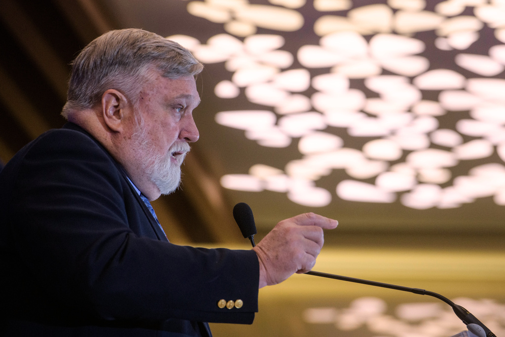 Douglas Wilson, Senior Minister of Christ Church, Moscow, Idaho, speaks at the National Conservatism Conference, Thursday, Sept. 4, 2025, in Washington. (AP Photo/Rod Lamkey, Jr.)