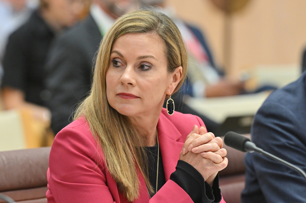 Australian e-Safety Commissioner, Julie Inman Grant appears before the Environment and Communications Legislation Committee at Parliament House in Canberra, Australia, Thursday, Oct. 17, 2024. (Mick Tsikas/AAP Image via AP)