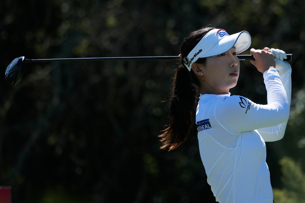 Dongeun Lee, of South Korea, hits from the 11th tee during the first round of the LPGA Fortinet Founders Cup golf tournament, Thursday, March 19, 2026, in Menlo Park, Calif. (AP Photo/Jeff Chiu)