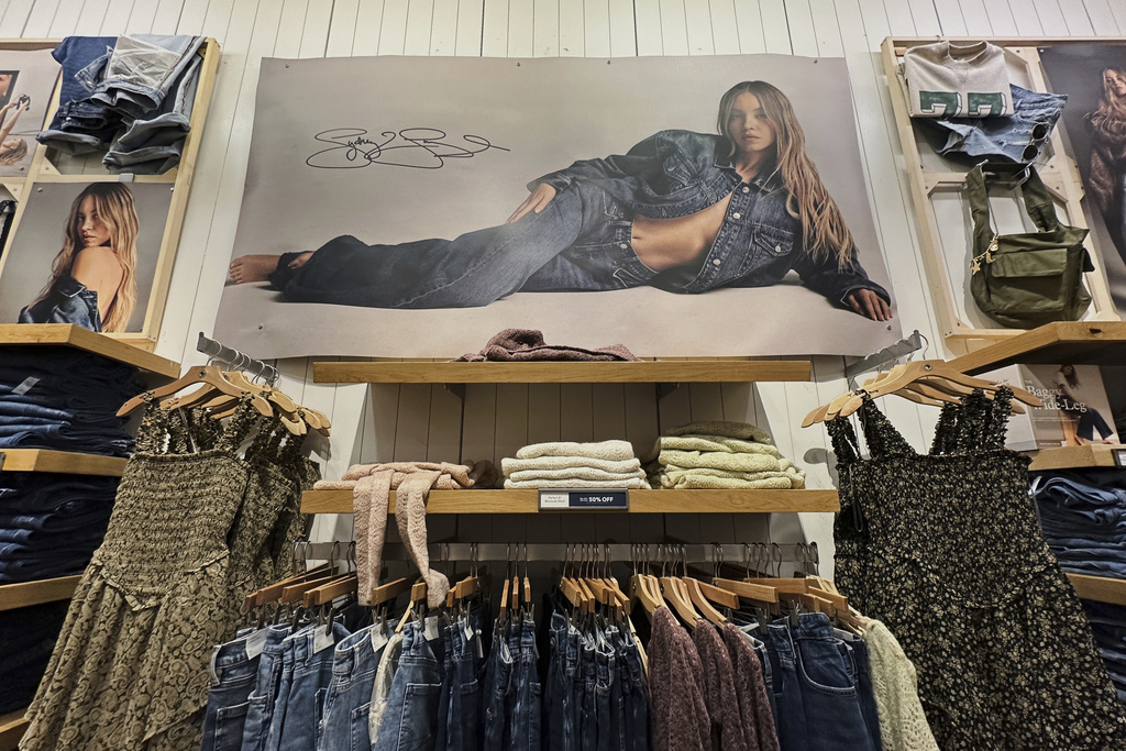 A Sydney Sweeney ad for jeans is seen at an American Eagle Outfitters, Thursday, Sept. 4, 2025, in Bellevue, Wash. (AP Photo/Lindsey Wasson)