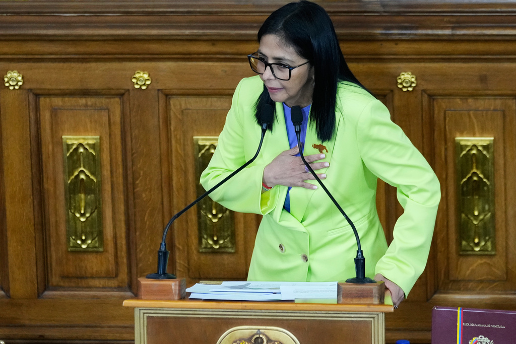 Venezuela's acting President Delcy Rodriguez addresses the National Assembly in Caracas, Venezuela, Thursday, Jan. 15, 2026. (AP Photo/Ariana Cubillos)