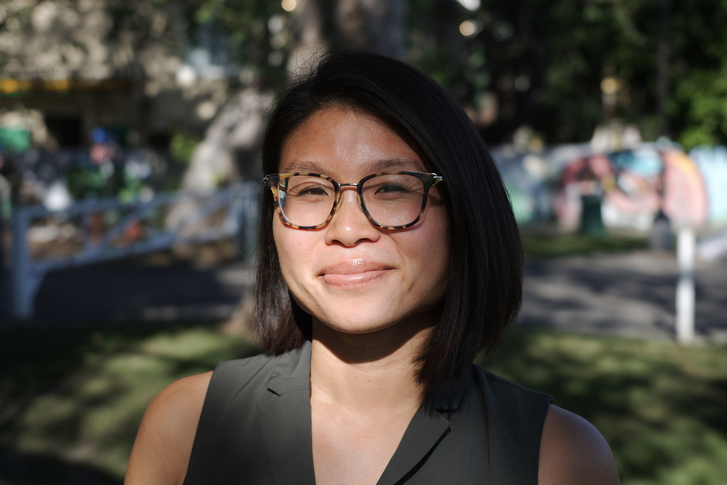 Rev. Rae Huang, a Presbyterian minister and member of the Democratic Socialists of America who is challenging Los Angeles Mayor Karen Bass, poses for a portrait in Culver City, Calif. on Tuesday March 17, 2026. (AP Photo/Krysta Fauria)