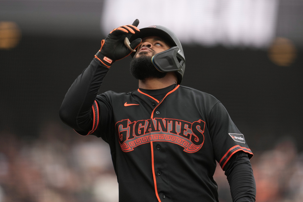 San Francisco Giants' Heliot Ramos celebrates after hitting a home run against the Miami Marlins during the eighth inning of a baseball game Saturday, April 25, 2026, in San Francisco. (AP Photo/Jeff Chiu)