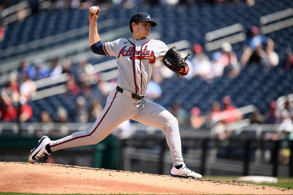 Atlanta Braves starting pitcher JR Ritchie (60) throws during the third inning of a baseball game against the Washington Nationals, Thursday, April 23, 2026, in Washington. (AP Photo/Nick Wass)