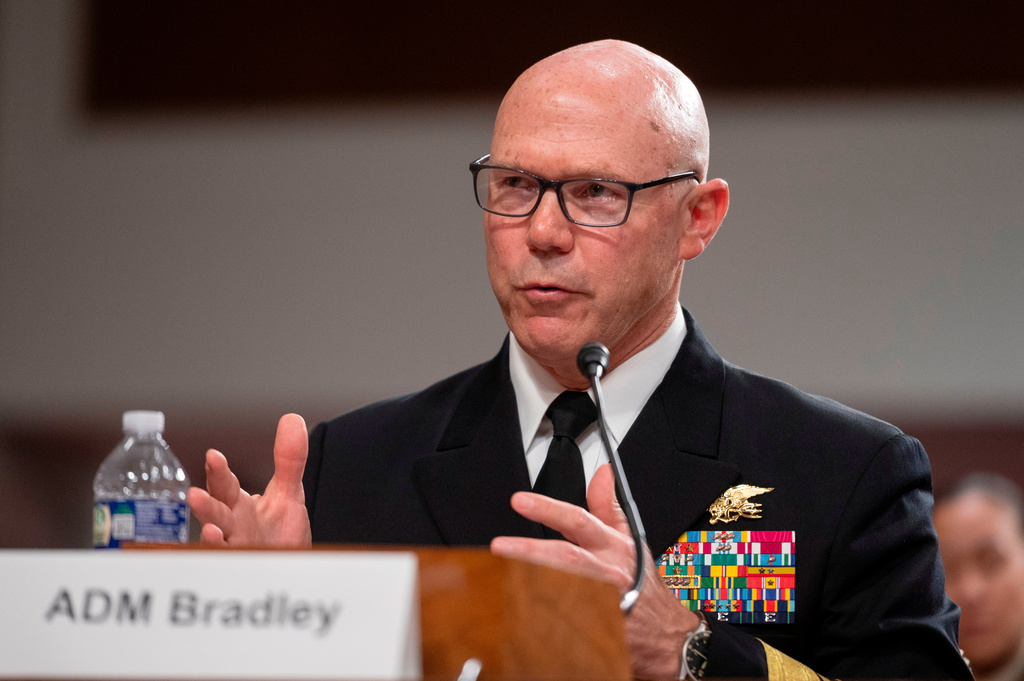 FILE - U.S. Navy Adm. Frank Bradley testifies before the Senate Committee on Armed Services on Capitol Hill in Washington, April 28, 2026. (AP Photo/Cliff Owen, File)