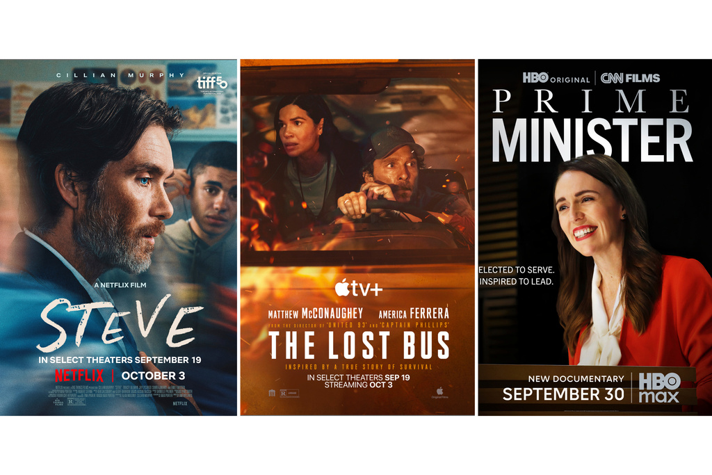 This combination of images shows promotional art for the films "Steve," from left, "The Lost Bus," and "Prime Minister." (Netflix/Apple TV+/HBO Max via AP)