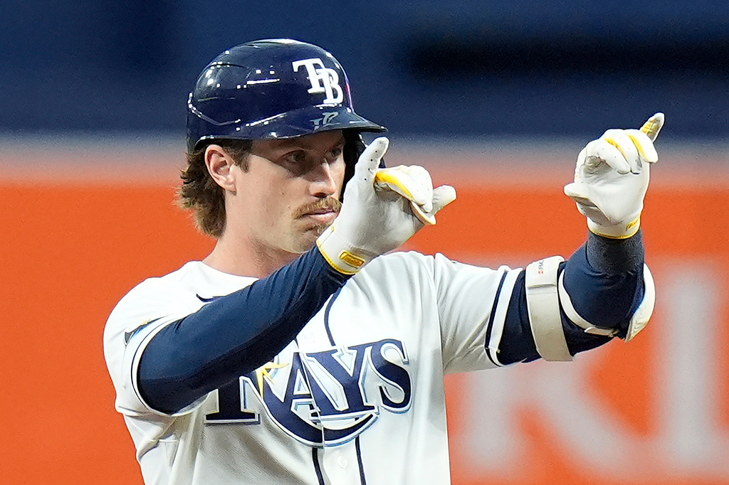Tampa Bay Rays' Jonny DeLuca celebrates his RBI double off Athletics pitcher Brady Basso during the first inning of a baseball game Wednesday, Sept. 16, 2026, in St. Petersburg, Fla. (AP Photo/Chris O'Meara)
