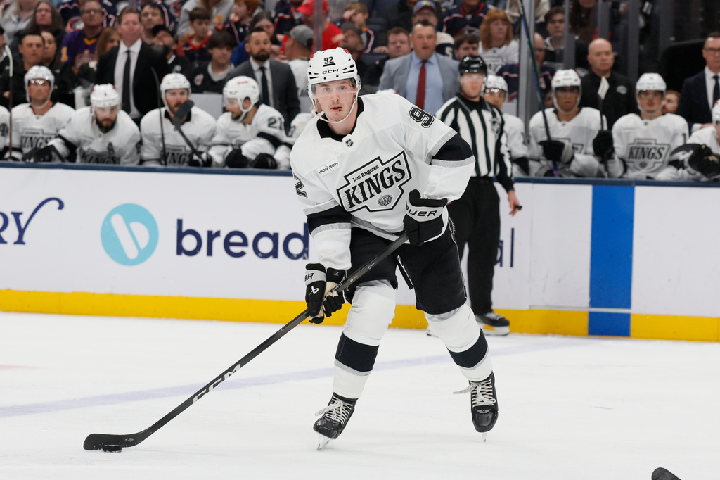 FILE - Los Angeles Kings' Brandt Clarke plays against the Columbus Blue Jackets during an NHL hockey game, March 9, 2026, in Columbus, Ohio. (AP Photo/Jay LaPrete, File)