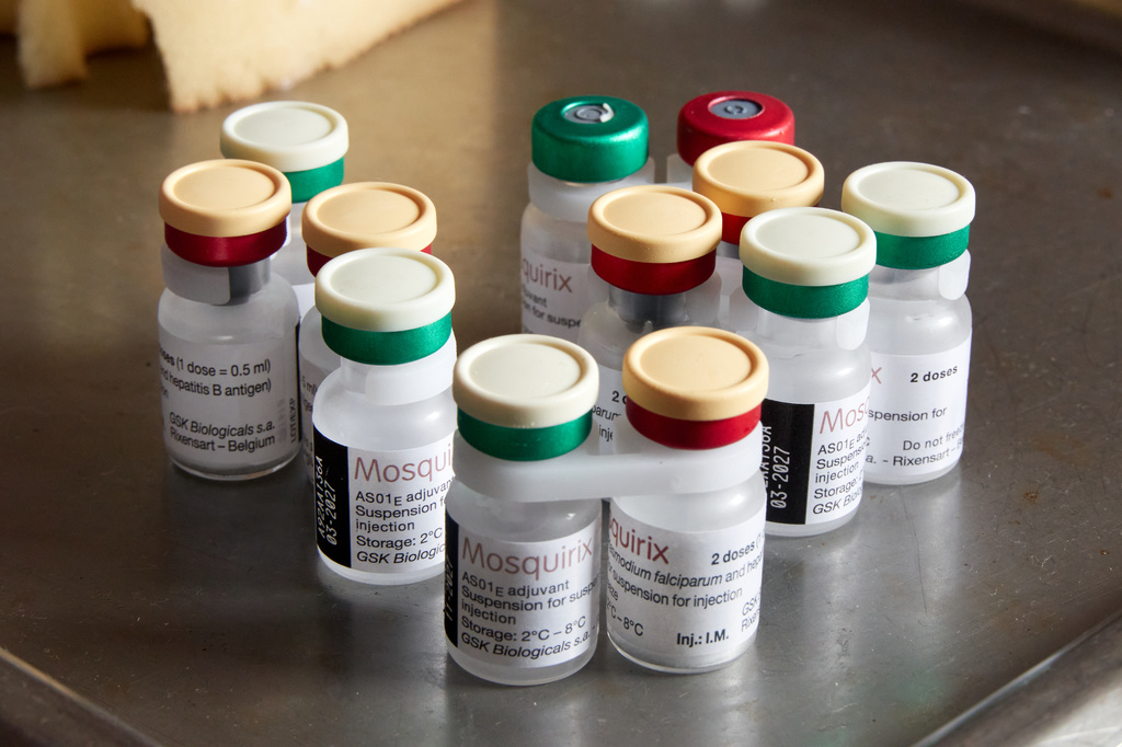 The malaria vaccines are display on a table at the Soa District Hospital in Yaounde, Cameroon, Wednesday, April 29, 2026. (AP Photo/Angel Ngwe)