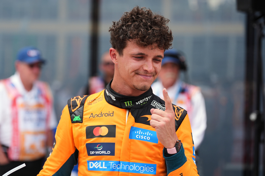 McLaren driver Lando Norris of Britain reacts after winning a sprint auto race at the Miami Formula One Grand Prix, Saturday, May 2, 2026, in Miami Gardens, Fla. (AP Photo/Rebecca Blackwell)