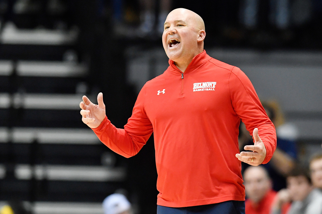 FILE - Belmont head coach Casey Alexander shouts instructions to his team during the first half of an NCAA college basketball game against Murray State in Murray, Ky., Thursday, Feb. 24, 2022. (AP Photo/Timothy D. Easley, File)