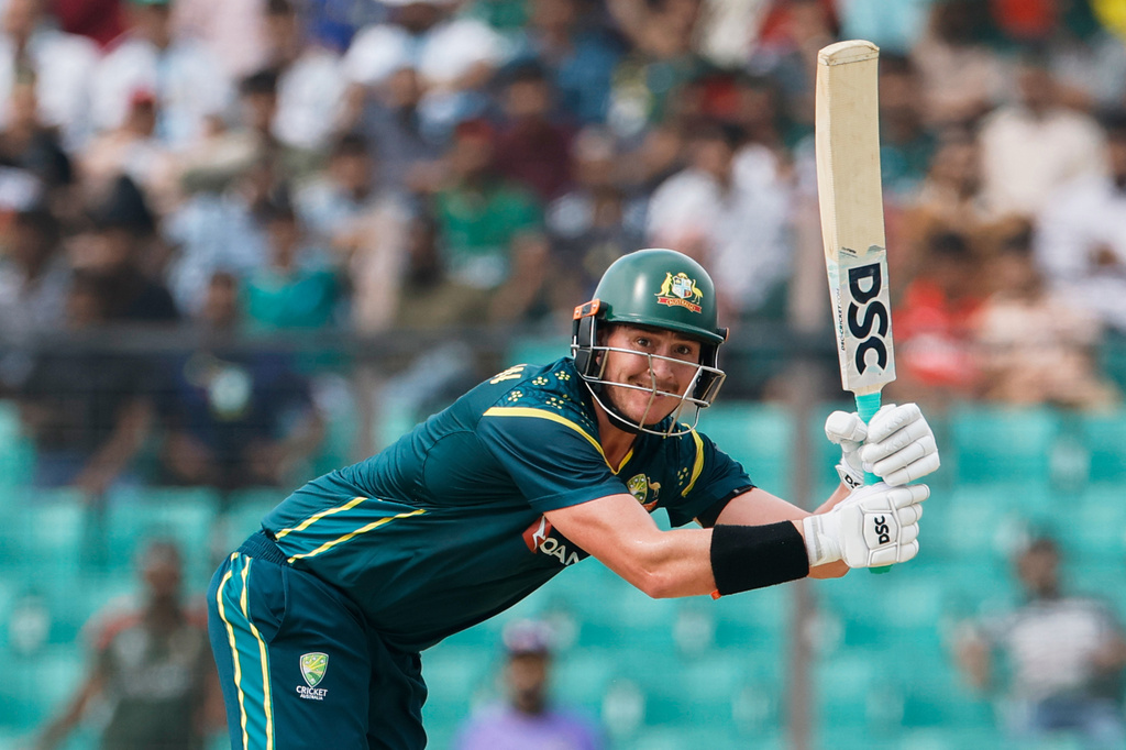 Australia's Matt Renshaw plays a shot during the second T20 international cricket match between Australia and Bangladesh, in Chattogram, Bangladesh, Friday, June 19, 2026. (AP Photo/Mosaraf Hossain)