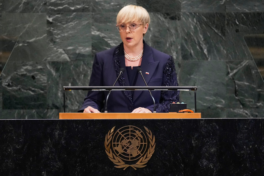 Slovenia President Natasa Pirc Musar addresses the 80th session of the United Nations General Assembly, Tuesday, Sept. 23, 2025. (AP Photo/Richard Drew)