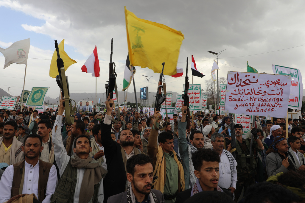 Houthi supporters attend a rally against the Saudi-led coalition in Sanaa, Yemen, Friday, July 31, 2026. (AP Photo/Osamah Abdulrahman)