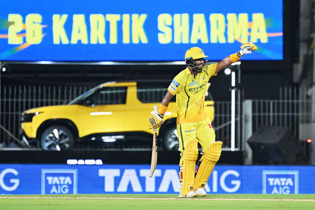 Chennai Super Kings' Kartik Sharma celebrates his fifty runs during the Indian Premier League cricket match between Chennai Super Kings and Mumbai Indians in Chennai, India, Saturday, May 2, 2026. (AP Photo)