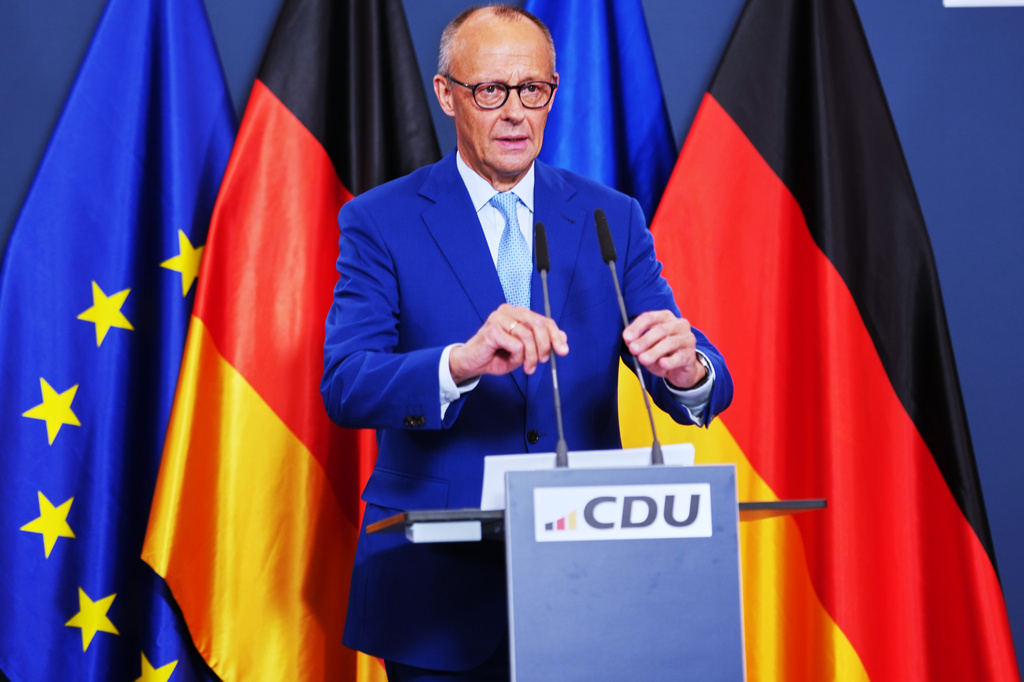 German Chancellor Friedrich Merz speaks to media at the Christian Democratic Union party headquarters in Berlin, Germany, Sunday, Sept. 20, 2026. (AP Photo/Markus Schreiber)