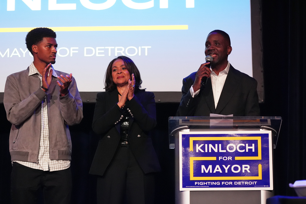 Detroit mayoral candidate Solomon Kinloch, right, speaks during an election night watch party on Tuesday, Nov. 4, 2025, in Detroit. (AP Photo/Ryan Sun)