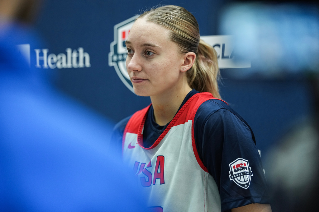 FILE - Paige Bueckers speaks to the media after a training camp for the U.S women's national basketball team Dec. 12, 2025, in Durham, N.C. (AP Photo/Matt Kelley, File)