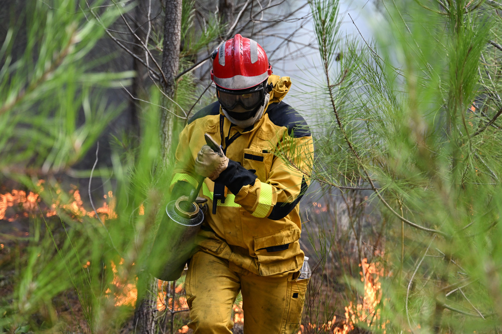 A firefighter creates a controlled burn to contain a fire area near Lege-Cap-Ferret, during wildfires in southwestern France, Thursday, July 30, 2026. (AP Photo/Emma Da Silva)