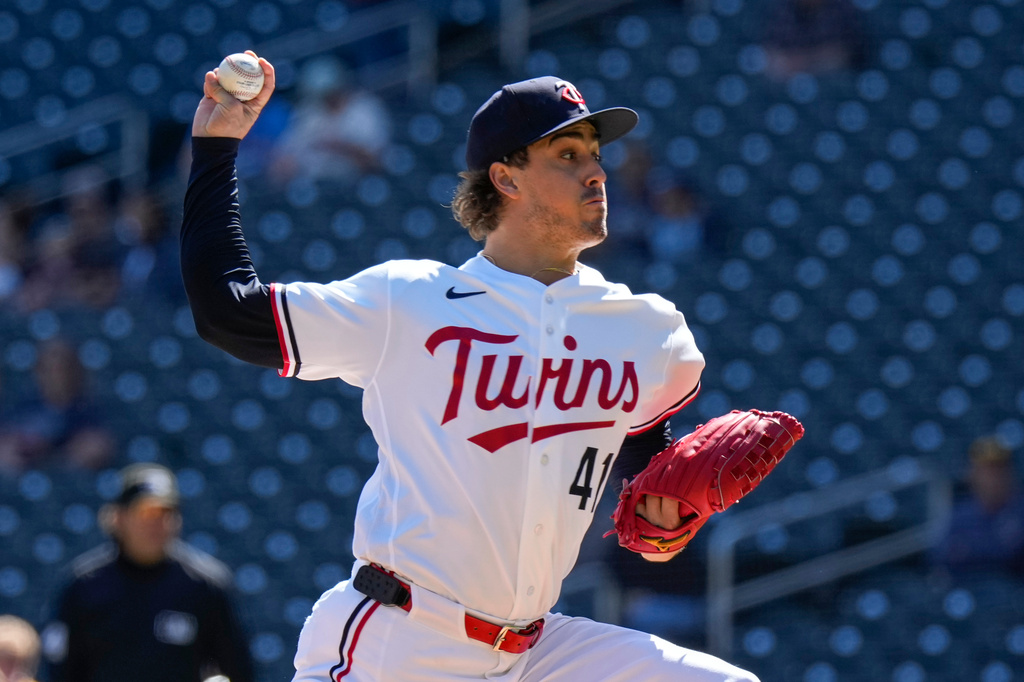 Minnesota Twins starting pitcher Joe Ryan delivers during the first inning of a baseball game against the Cleveland Guardians, Sunday, Sept. 13, 2026, in Minneapolis. (AP Photo/Joseph Scheller)