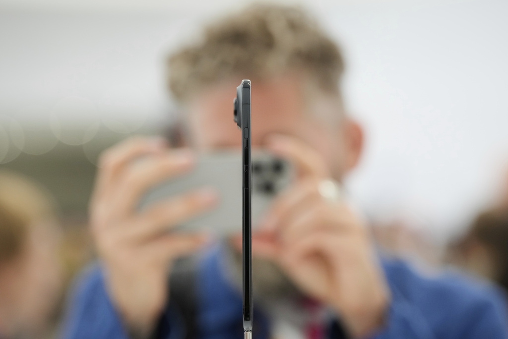 The iPhone Air is displayed during an announcement of new products at Apple Park on Tuesday, Sept. 9, 2025, in Cupertino, Calif. (AP Photo/Godofredo A. Vásquez)
