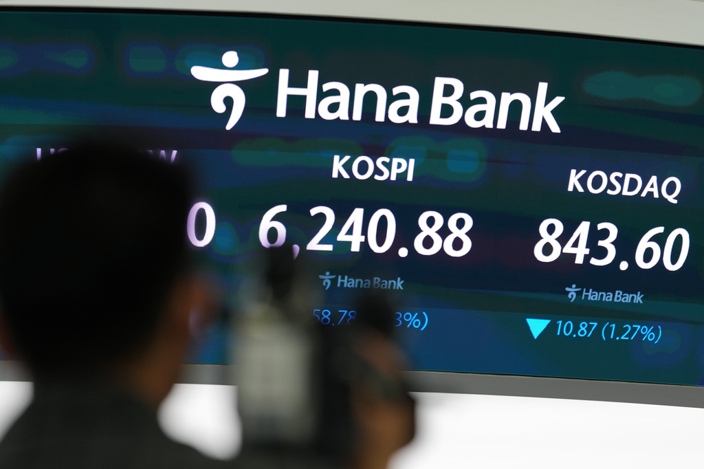 A TV cameraman prepares to film near the screens showing the Korea Composite Stock Price Index (KOSPI) and the Korean Securities Dealers Automated Quotations (KOSDAQ) at a dealing room of Hana Bank in Seoul, South Korea, Tuesday, Aug. 11, 2026. (AP Photo/Lee Jin-man)