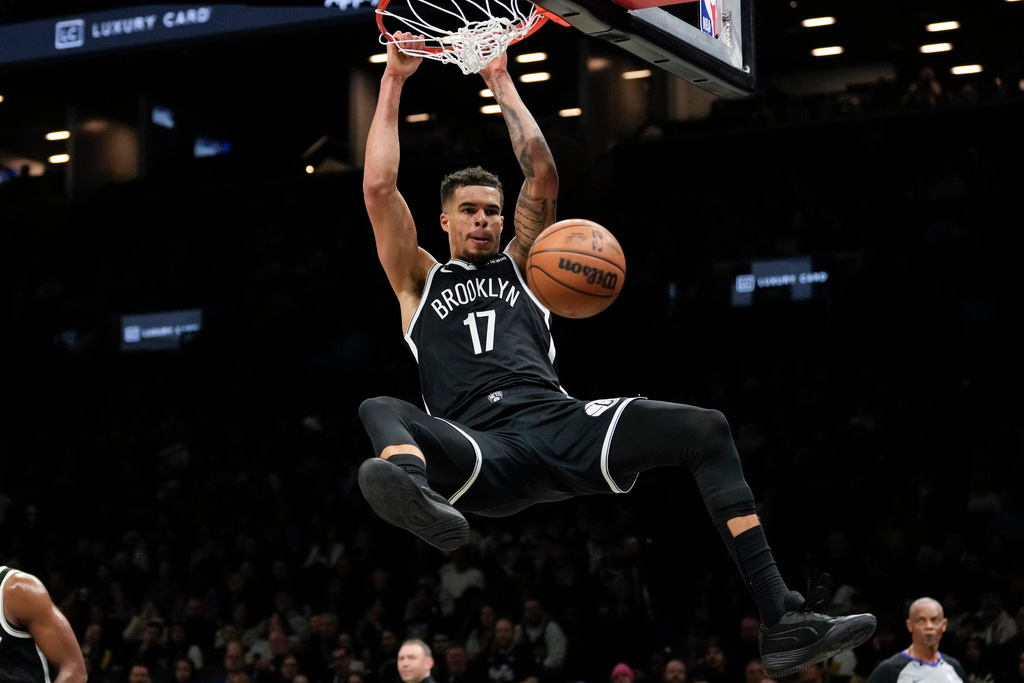 Brooklyn Nets forward Michael Porter Jr. dunks during the first half of an NBA basketball game against the Denver Nuggets, Sunday, Jan. 4, 2026, in New York. (AP Photo/Yuki Iwamura)