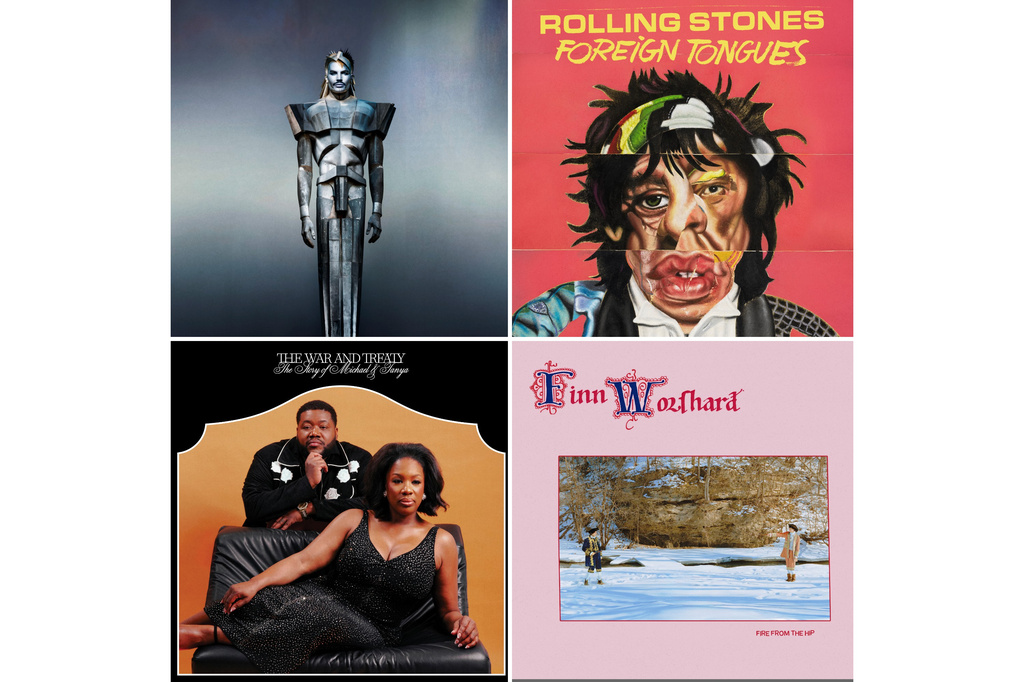 This combination of album cover images show, top row from left, "Adam," by Adam Lambert, "Foreign Tongues" by The Rolling Stones, "The Story of Michael and Tanya" by The War and Treaty," bottom left, and "Fire From the Hip" by Finn Wolfhard. (More is More/Capitol/Atlantic Outpost/AWAL Recordings via AP)
