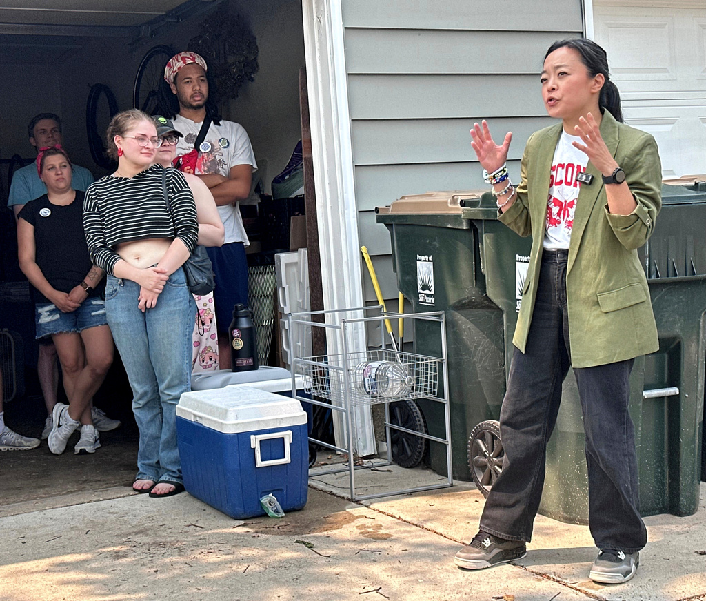 Wisconsin Democratic candidate for Governor Francesca Hong speaks to supporters, Monday, Aug. 10, 2026, in Sun Prairie, Wis. (AP Photo/Scott Bauer)