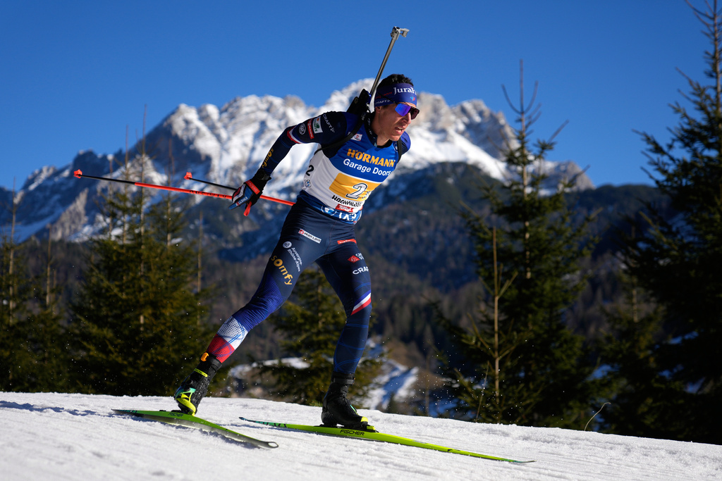 FILE - Quentin Fillon Maillet, of France, competes in the men's 4 X 7.5 km relay competition at the Biathlon World Cup in Hochfilzen, Austria, Dec. 14, 2025. (AP Photo/Matthias Schrader, File)