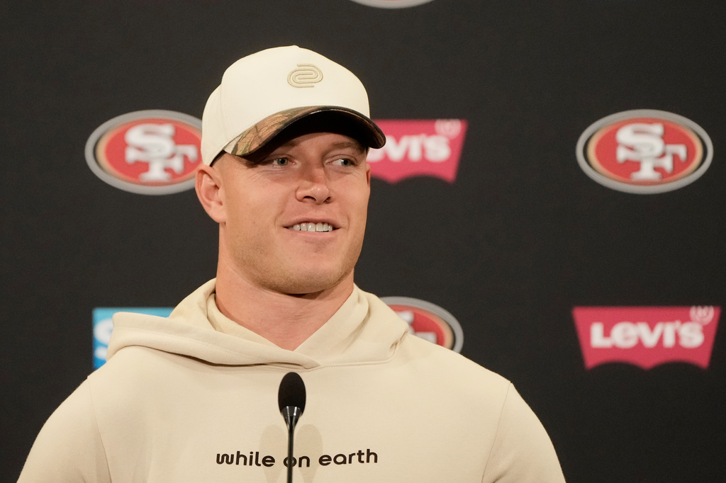 San Francisco 49ers running back Christian McCaffrey speaks at a news conference after an NFL football practice Thursday, May 28, 2026, in Santa Clara, Calif. (AP Photo/Jeff Chiu)