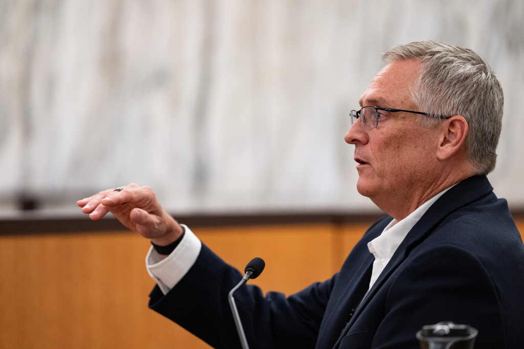 Camp Mystic night watchman Glenn Juenke testifies during a hearing on a suit against Camp Mystic in the 459th State District Court in Austin, Wednesday, April 15, 2026. (Mikala Compton/Austin American-Statesman via AP)
