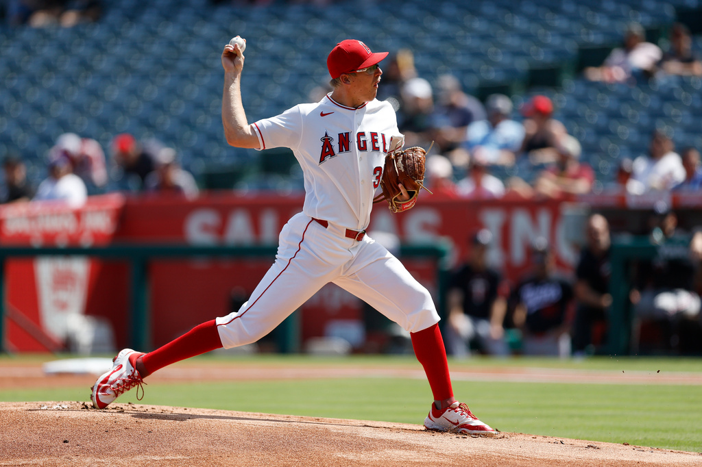 Los Angeles Angels starting pitcher Ryan Johnson throws during the first inning of a baseball game against the Minnesota Twins, Sunday, Sept. 20, 2026, in Anaheim, Calif. (AP Photo/Caroline Brehman)