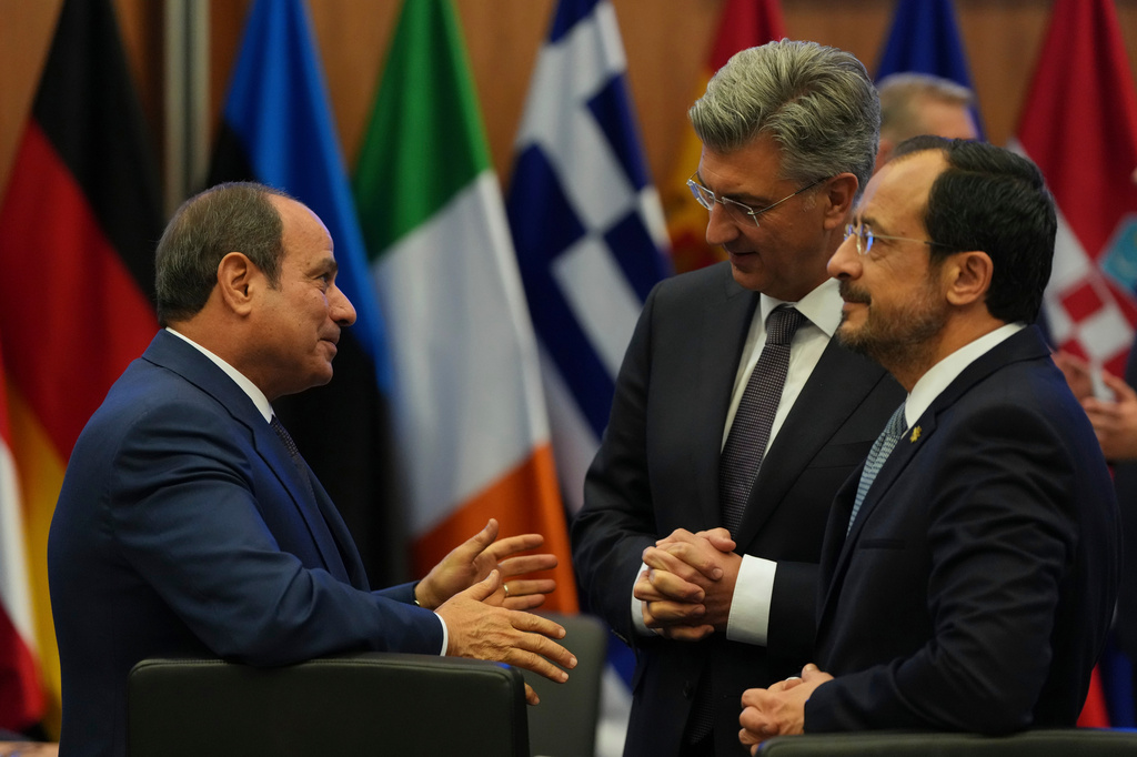 Egypt's President Abdel-Fattah el-Sissi, left, Cypriot President Nikos Christodoulides, right, and Croatia's Prime Minister Andrej Plenkovic talk during the EU Summit in Nicosia, Cyprus, Friday, April 24, 2026. (AP Photo/Petros Karadjias)