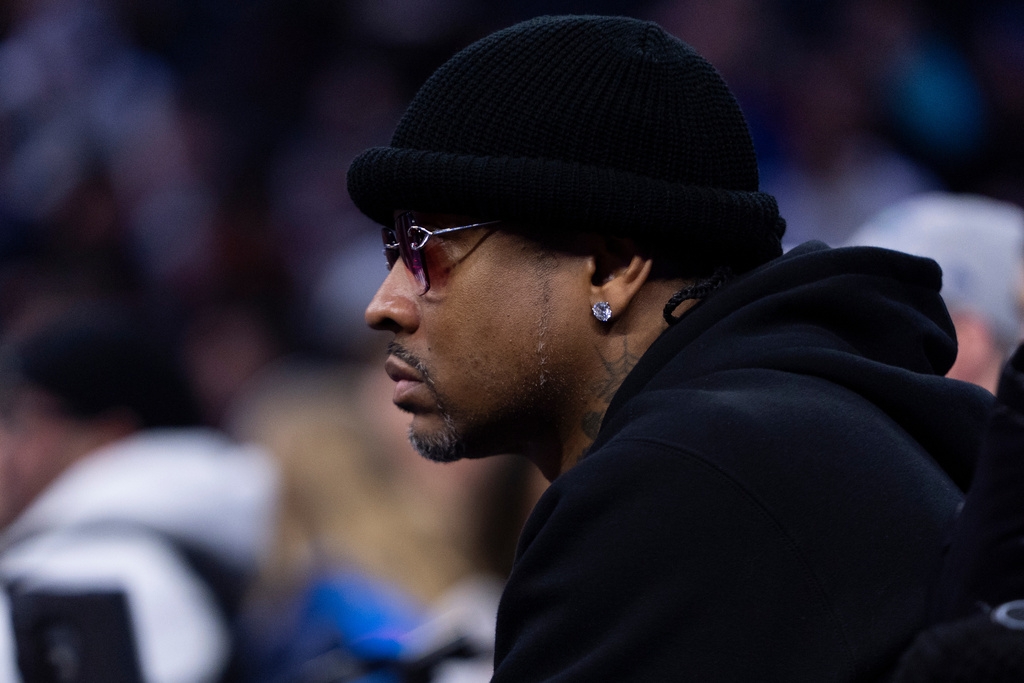 Former Philadelphia 76ers player Allen Iverson looks on during the first half of an NBA basketball game against the New Orleans Pelicans, Saturday, Jan. 31, 2026, in Philadelphia. (AP Photo/Chris Szagola)