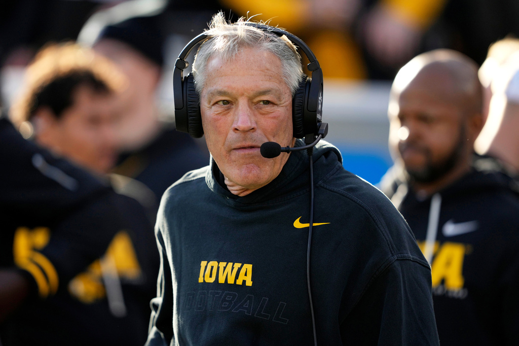 FILE - Iowa head coach Kirk Ferentz stands on the field before an NCAA college football game against Michigan State, Nov. 22, 2025, in Iowa City, Iowa. (AP Photo/Charlie Neibergall, File)