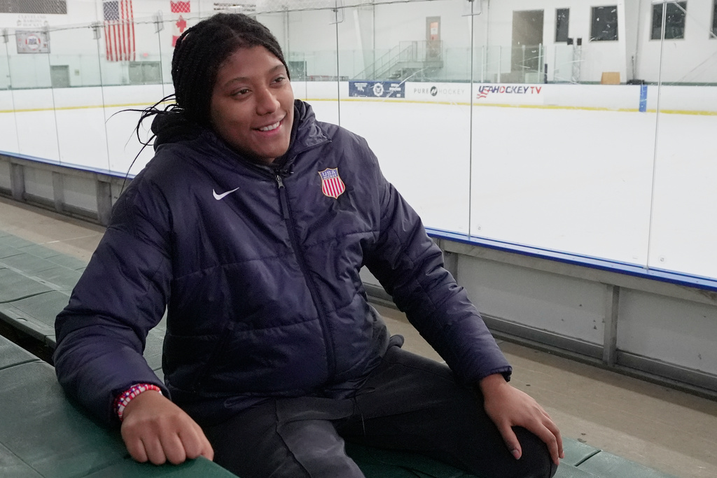 Laila Edwards, the first Black woman to suit up for Team USA women's Olympic hockey, is pictured during an interview following practice in a rink where she played youth hockey in the past, in Strongsville, Ohio, Tuesday, Nov. 4, 2025. (AP Photo/Sue Ogrocki)