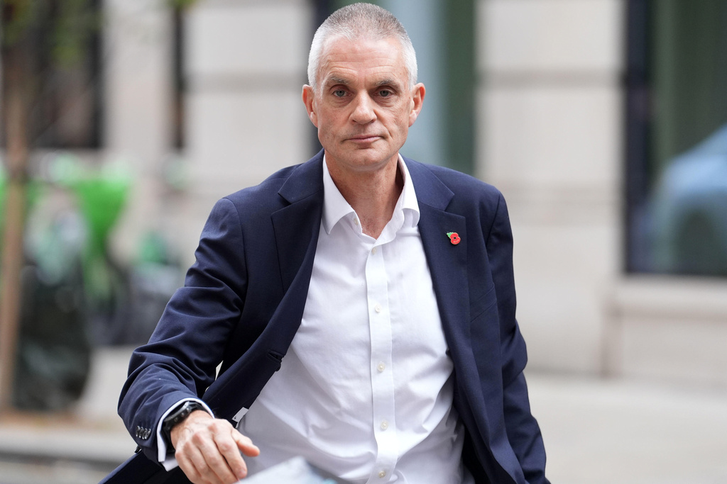 Outgoing BBC Director-General Tim Davie outside BBC Broadcasting House in London, Tuesday Nov. 11, 2025. (Lucy North/PA via AP)