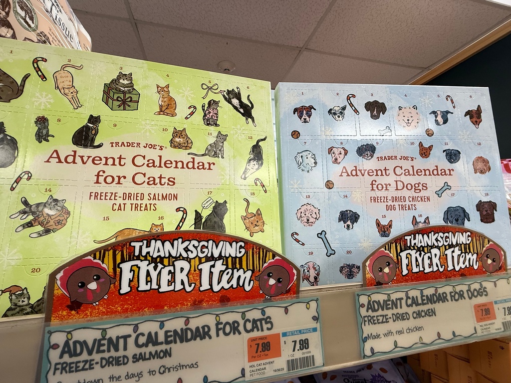 Advent calendars for cats and dogs are displayed for sale at a Trader Joe's store in Westchester Co., N.Y. (Julia Rubin via AP)