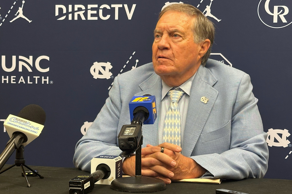 UNC coach Bill Belichick speaks during the ACC Kickoff preseason NCAA College football media day on Friday, July 17, 2026 in Charlotte, N.C. (AP Photo/Aaron Beard)