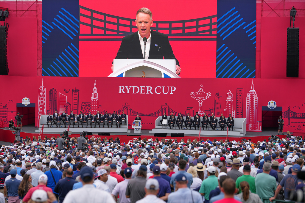 Europe captain Luke Donald speaks during the opening ceremonies for the Ryder Cup golf tournament, Wednesday, Sept. 24, 2025, on the Bethpage Black golf course, in Farmingdale, N.Y. (AP Photo/Matt Slocum)